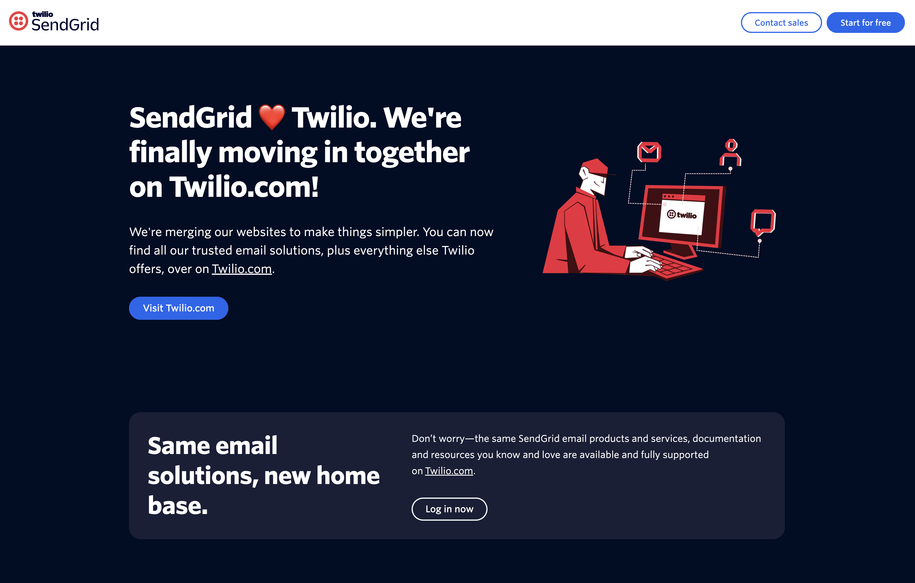 The SendGrid landing page: a human-facing marketing page with "Start for free," "Contact sales," and "Log in" buttons and a notice that the product has moved to Twilio.com