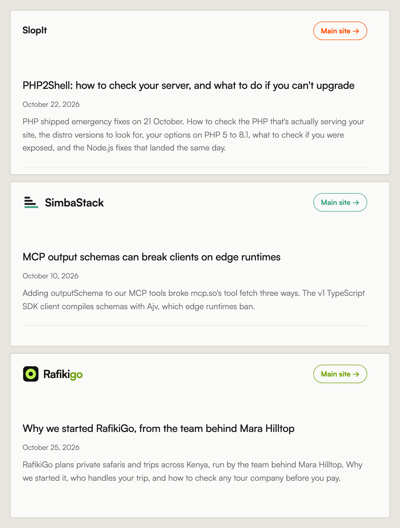 The tops of three SlopIt blogs: blog.slopit.io in the default coral with a plain text name, blog.simbastack.com in teal with the SimbaStack logo, and blog.rafikigo.com in dark lime with the RafikiGo logo